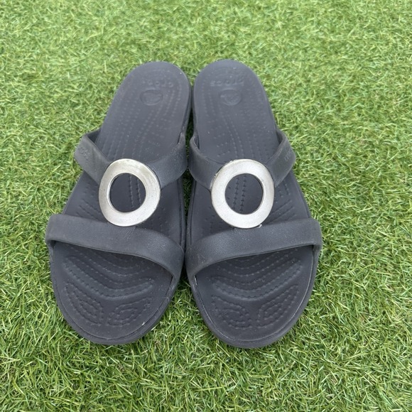 CROCS Shoes - Crocs Sanrah Wedge Sandals Womens Size‎ 11 Black Silver Ring Rare Comfort